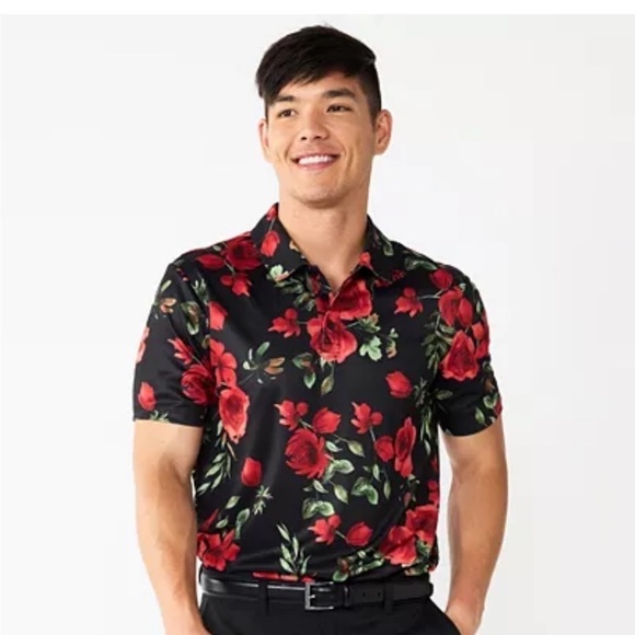 NWT Men's Tek Gear Slim-Fit Floral Polo size XL navy blue and red​​​​​​​ - Picture 2 of 4